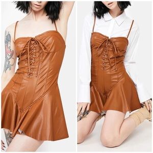NWT Dolls Kill Lace Up PU Corset Mini Dress Brown Festival Vacation Travel Party